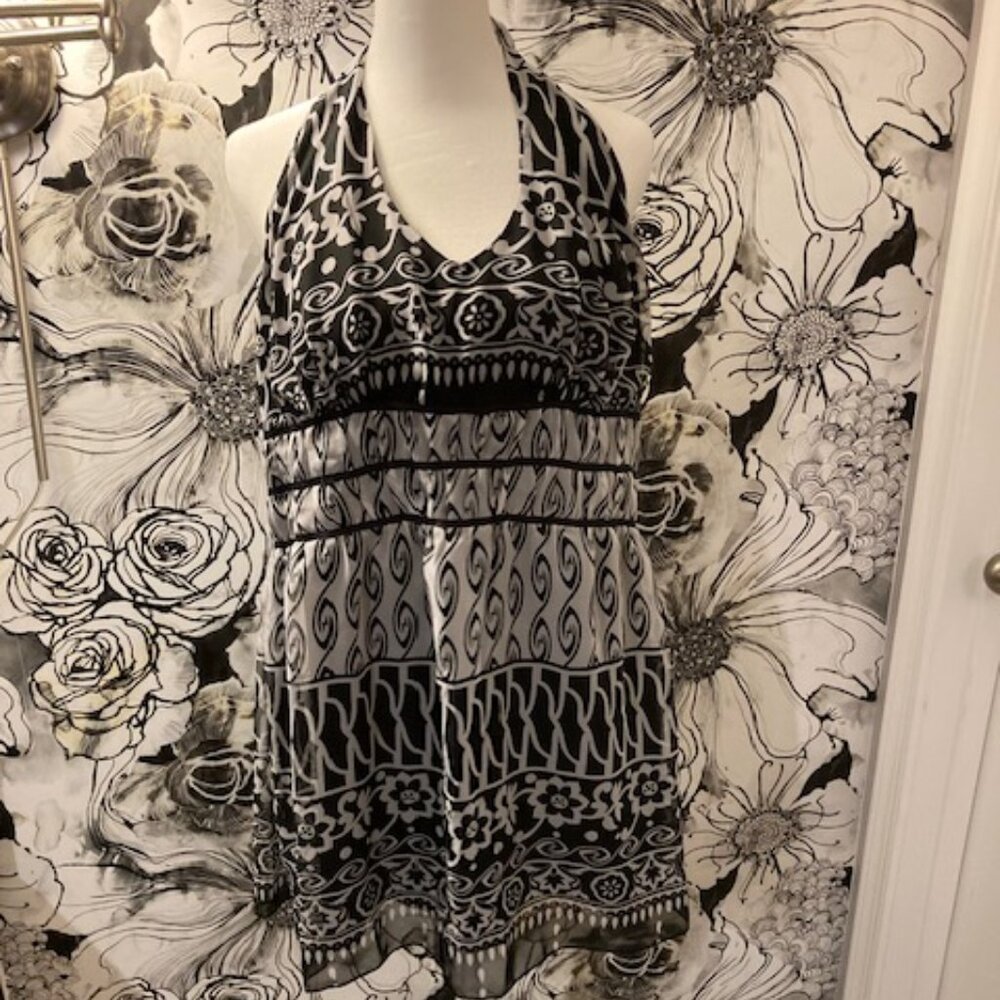 LANE BRYANT Women's Black & White Blouse Tie Back Neck SIZE 18